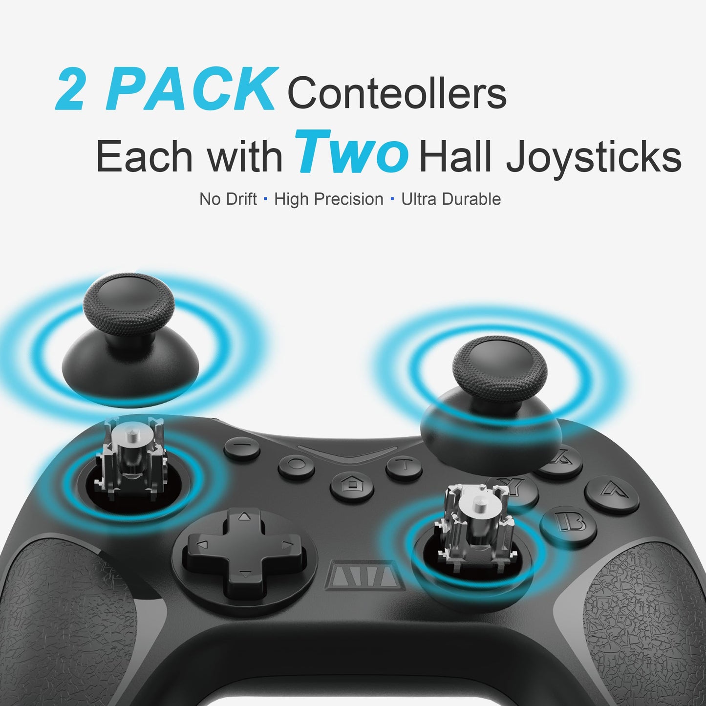 Playnex Wireless Controller for Nintendo Switch - 2 Pack, Hall Effect Joystick, RGB Lights, Turbo, Dual Vibration, Black with Red/Blue Accents