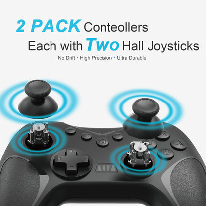 Playnex Wireless Controller for Nintendo Switch - 2 Pack, Hall Effect Joystick, RGB Lights, Turbo, Dual Vibration, Black with Red/Blue Accents