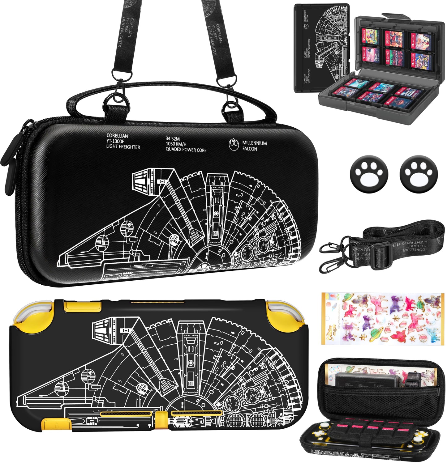 Gurgitat 7-in-1 Cool Ship Case for Nintendo Switch Lite - Black Star Warfare, Dockable, Includes Thumb Grips, Game Holder, Shoulder Strap