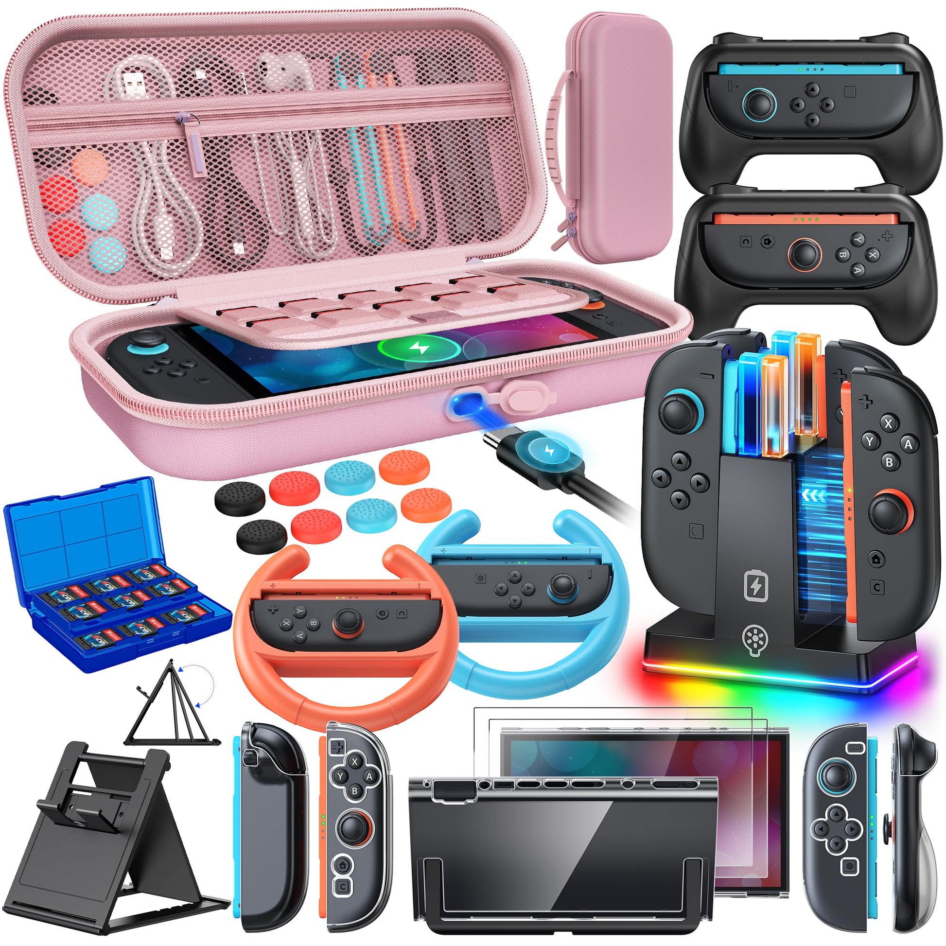 Switch 2 Accessories  Case Bundle for Nintendo Switch 2 2025 Console [Charge Inside]FYOUNG 23 IN 1 Kit:Carrying Case Controller Charger Protective Shell Grip for Joycon  Steering Wheel -Pink