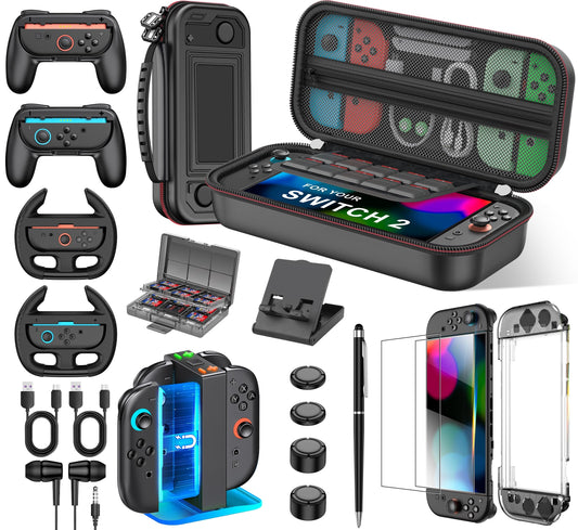 Larstylee 17 in 1 Switch 2 Accessories Bundle - Carrying Case  Screen Protectors  Charging Dock  Steering Wheel  Game Case  Stylus  Headphone  Stand  Protective Case for Joy Cons  Cable SKin