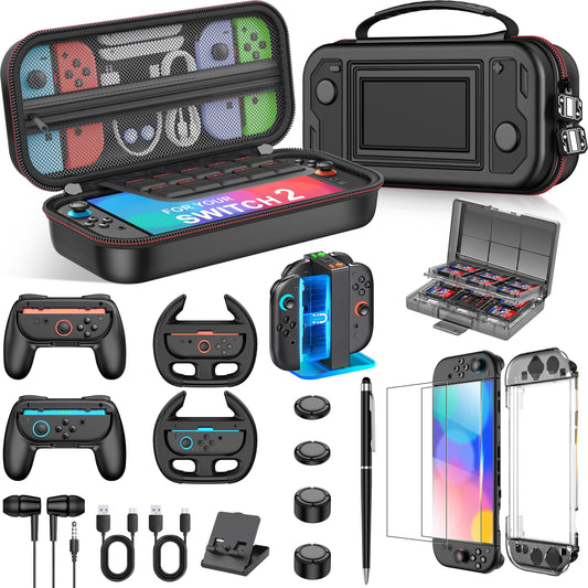 Spican Switch 2 Accessories Bundle Kit 17-in-1  Switch 2 Carrying Case for Switch 2/Switch/Oled  Joypad Charger  Screen Protectors  Steering Wheel  Joypad Grip  & More