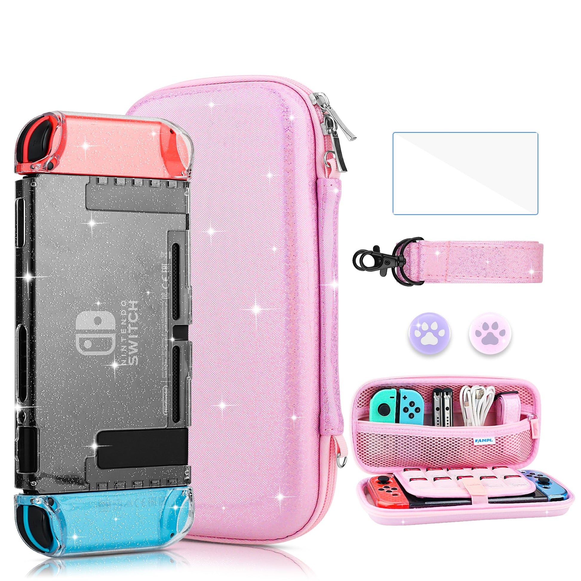 FANPL Nintendo Switch Accessories - Pink Rainbow Sparkle Carrying Case with Hard Clear Glitter Protective Case  Screen Protector  2 Thumb Grips  Shoulder Strap