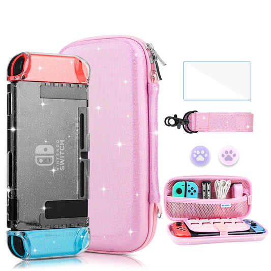 FANPL Nintendo Switch Accessories - Pink Rainbow Sparkle Carrying Case with Hard Clear Glitter Protective Case  Screen Protector  2 Thumb Grips  Shoulder Strap