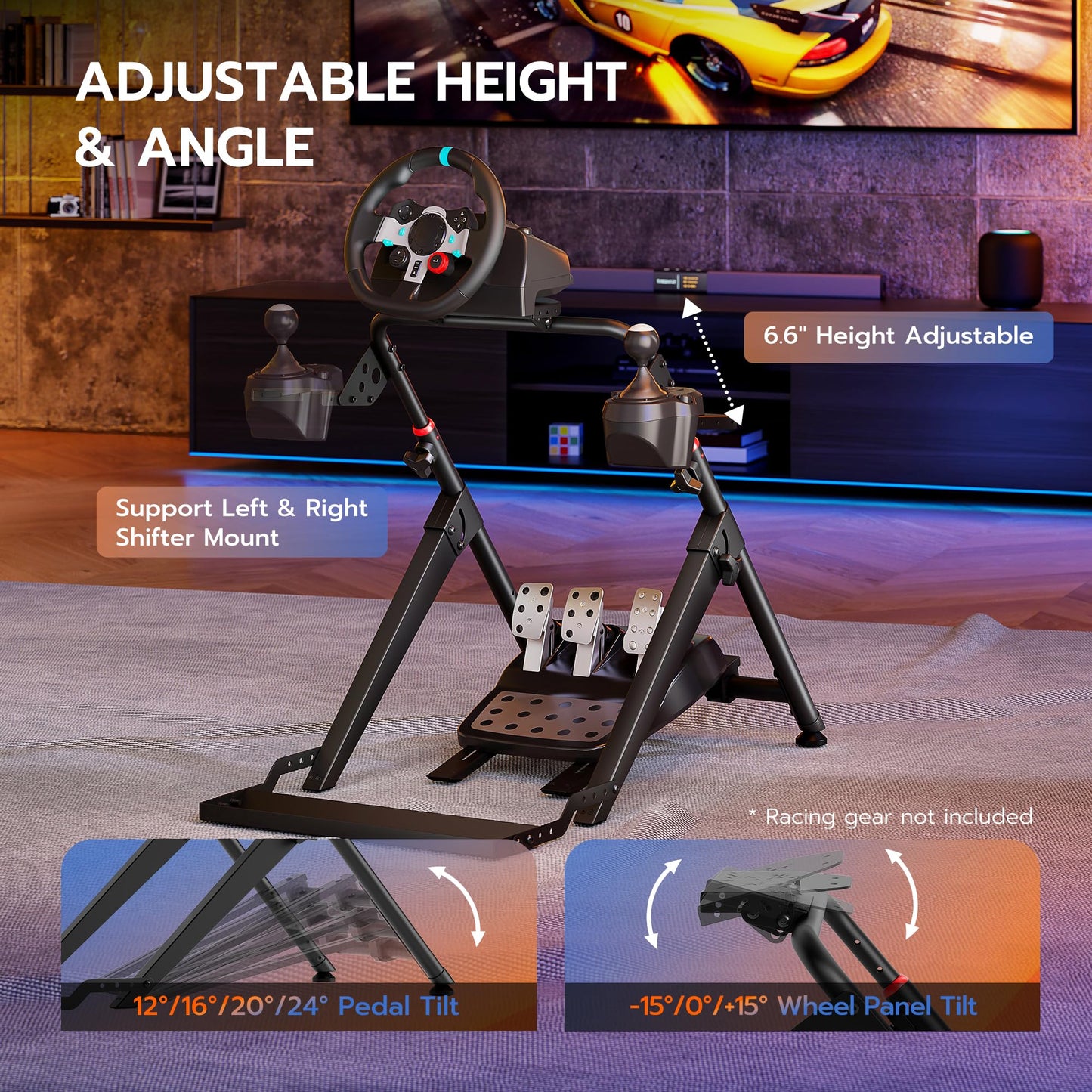 ARES WING Foldable Sim Racing Wheel Stand with Chair Fixing Slot, Black, Compatible with Fanatec, Thrustmaster, Logitech, Model GRS1005BK