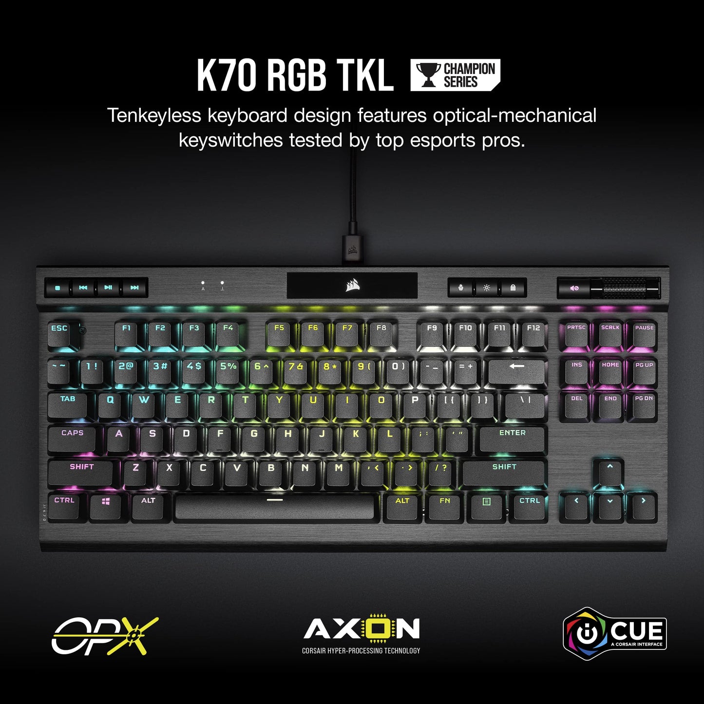 Corsair K70 RGB TKL Gaming Keyboard - Tenkeyless, OPX RGB Optical-Mechanical, Black, PBT Keycaps, Detachable USB-C, Model CH-911901A-NA