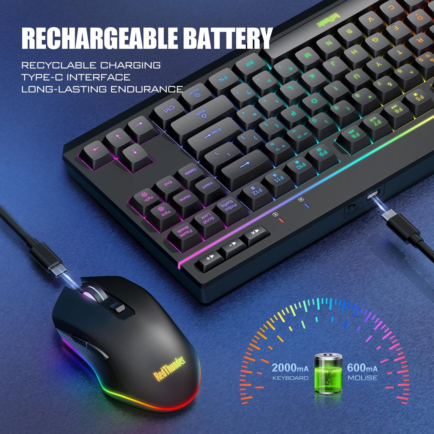 RedThunder K20 TKL Wireless Keyboard & Mouse Combo, RGB Backlit, Compact, Black, Rechargeable