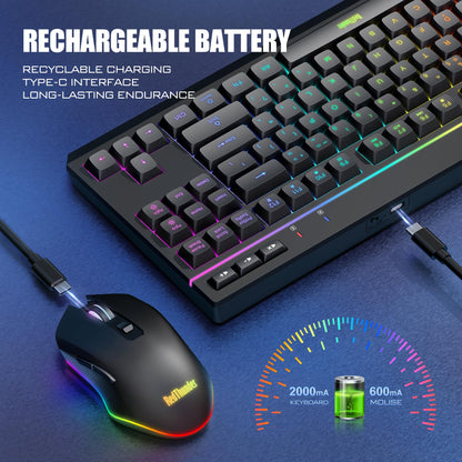 RedThunder K20 TKL Wireless Keyboard & Mouse Combo, RGB Backlit, Compact, Black, Rechargeable