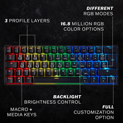 HK GAMING GK61 Mechanical Gaming Keyboard - 61 Keys RGB Backlit, Gateron Optical Black, Wired, Black for PC/Mac Gamers