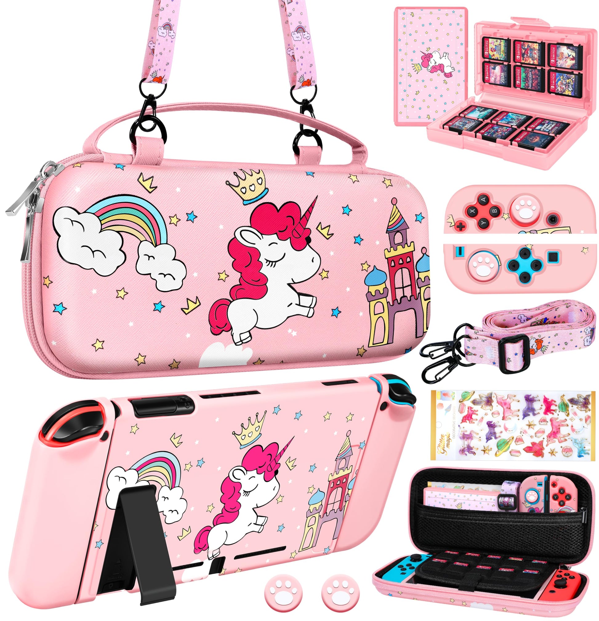 Gurgitat 9-in-1 Unicorn Switch Case Bundle for Nintendo Switch - Pink, Includes Game Holder, Grip, Skin, Strap & Sticker