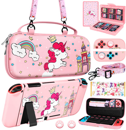 Gurgitat 9-in-1 Unicorn Switch Case Bundle for Nintendo Switch - Pink, Includes Game Holder, Grip, Skin, Strap & Sticker