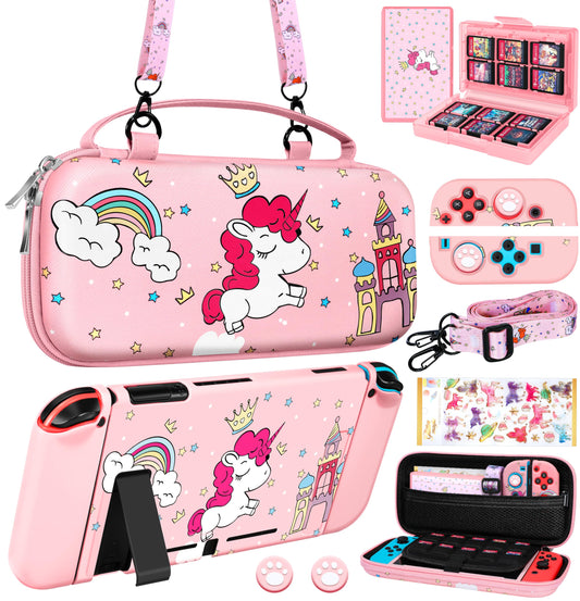 Gurgitat 9-in-1 Unicorn Switch Case Bundle for Nintendo Switch - Pink, Includes Game Holder, Grip, Skin, Strap & Sticker