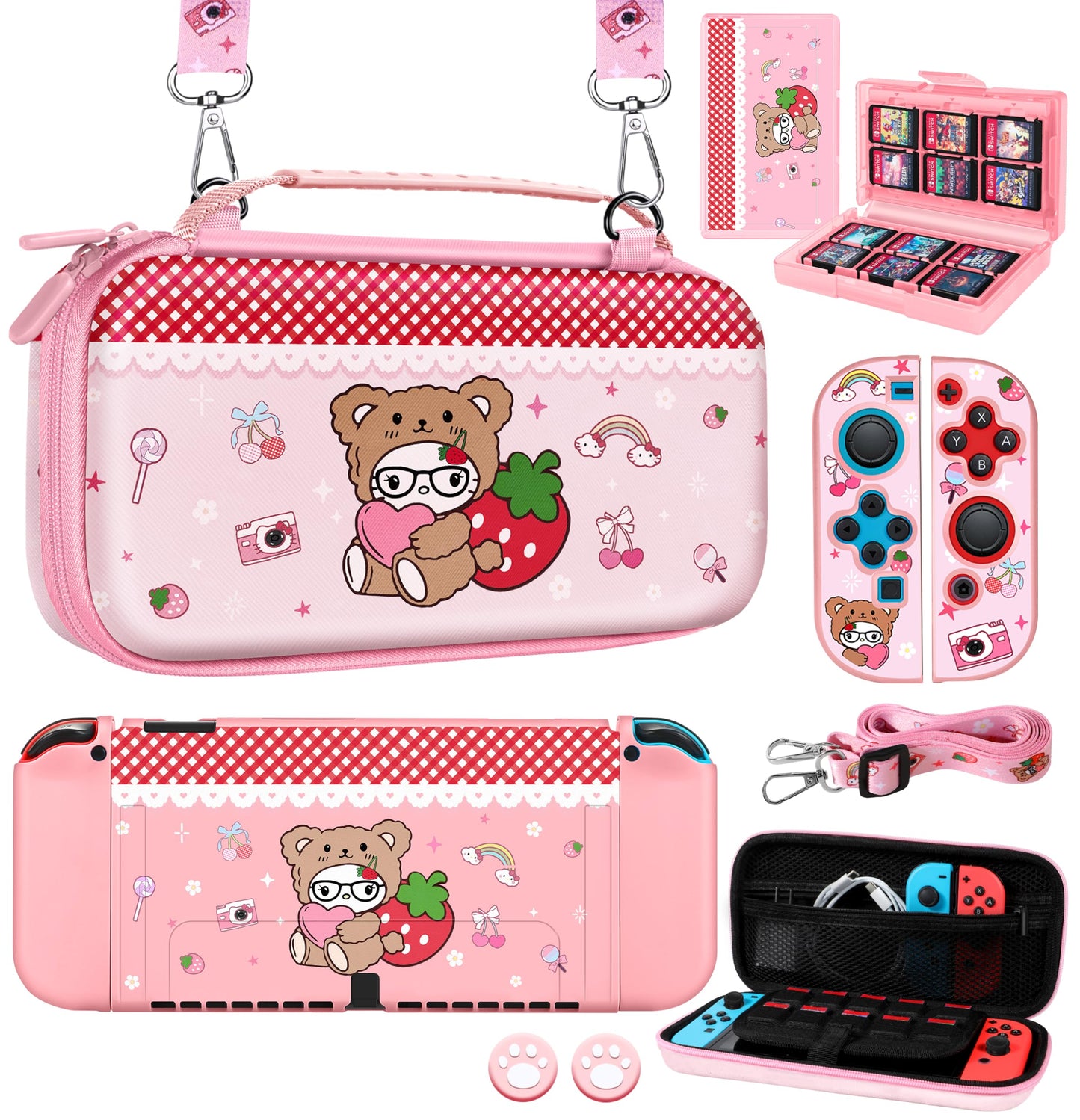 Gurgitat 8in1 Kits Accessories Bundle for Nintendo Switch OLED 2021 - Cute Carrying Case  Protective Cover  Joy Con Grips  Thumb Grips  24 Game Holder  Shoulder Strap Teens Boys Girls  Strawberry