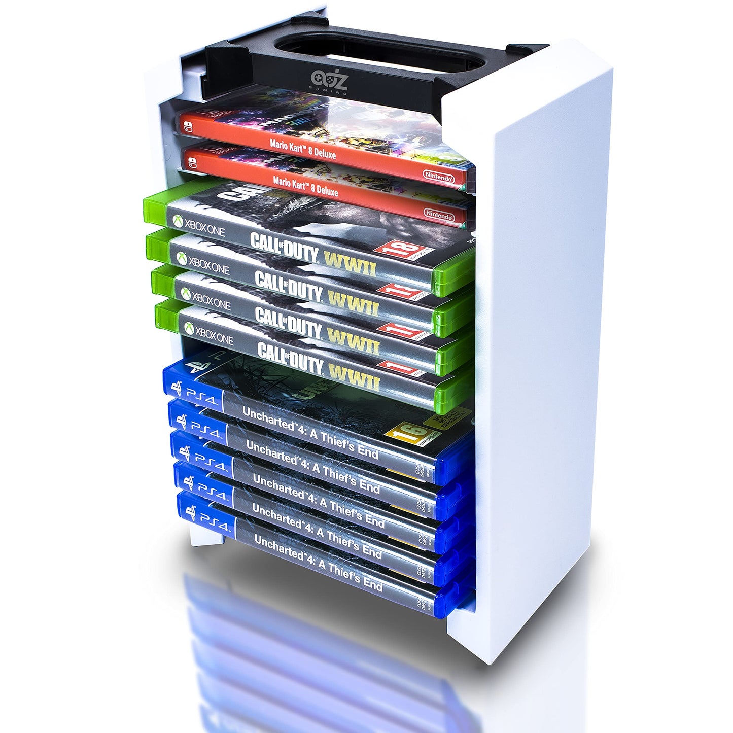 ADZ Game Storage Tower - Universal Holder for 12 PS4, PS5, Xbox, Nintendo Switch, Blu-Ray - White, Model ADZPS5-004