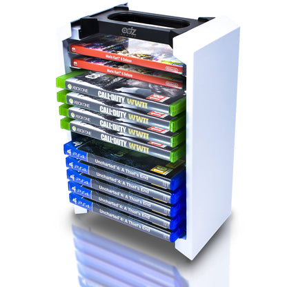 ADZ Game Storage Tower - Universal Holder for 12 PS4, PS5, Xbox, Nintendo Switch, Blu-Ray - White, Model ADZPS5-004
