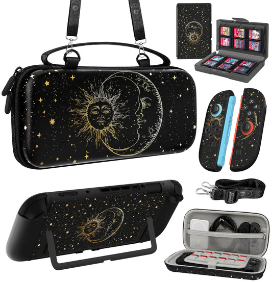 Gurgitat 6in1 Kits Accessories Bundle for Nintendo Switch 2 2025 - Cute Carrying Case  Protective Cover  Joy Con Grips  Thumb Grips  24 Game Holder  Shoulder Strap Teens Boys Girls  Sun Moon