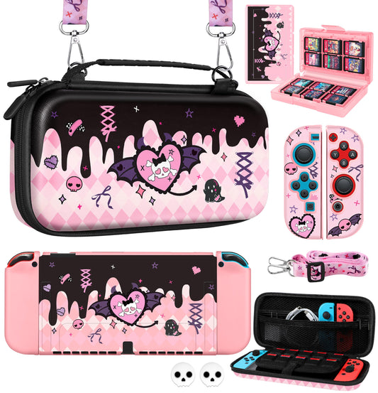 Gurgitat 8in1 Kits Accessories Bundle for Nintendo Switch OLED 2021 - Cute Carrying Case  Protective Cover  Joy Con Grips  Thumb Grips  24 Game Holder  Shoulder Strap Teens Boys Girls  Skull