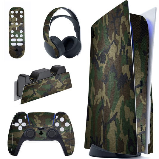 PlayVital Army Green Camouflage Full Set Skin Decal for ps5 Console Disc Edition  Sticker Vinyl Decal Cover for ps5 Controller & Charging Station & Headset & Media Remote