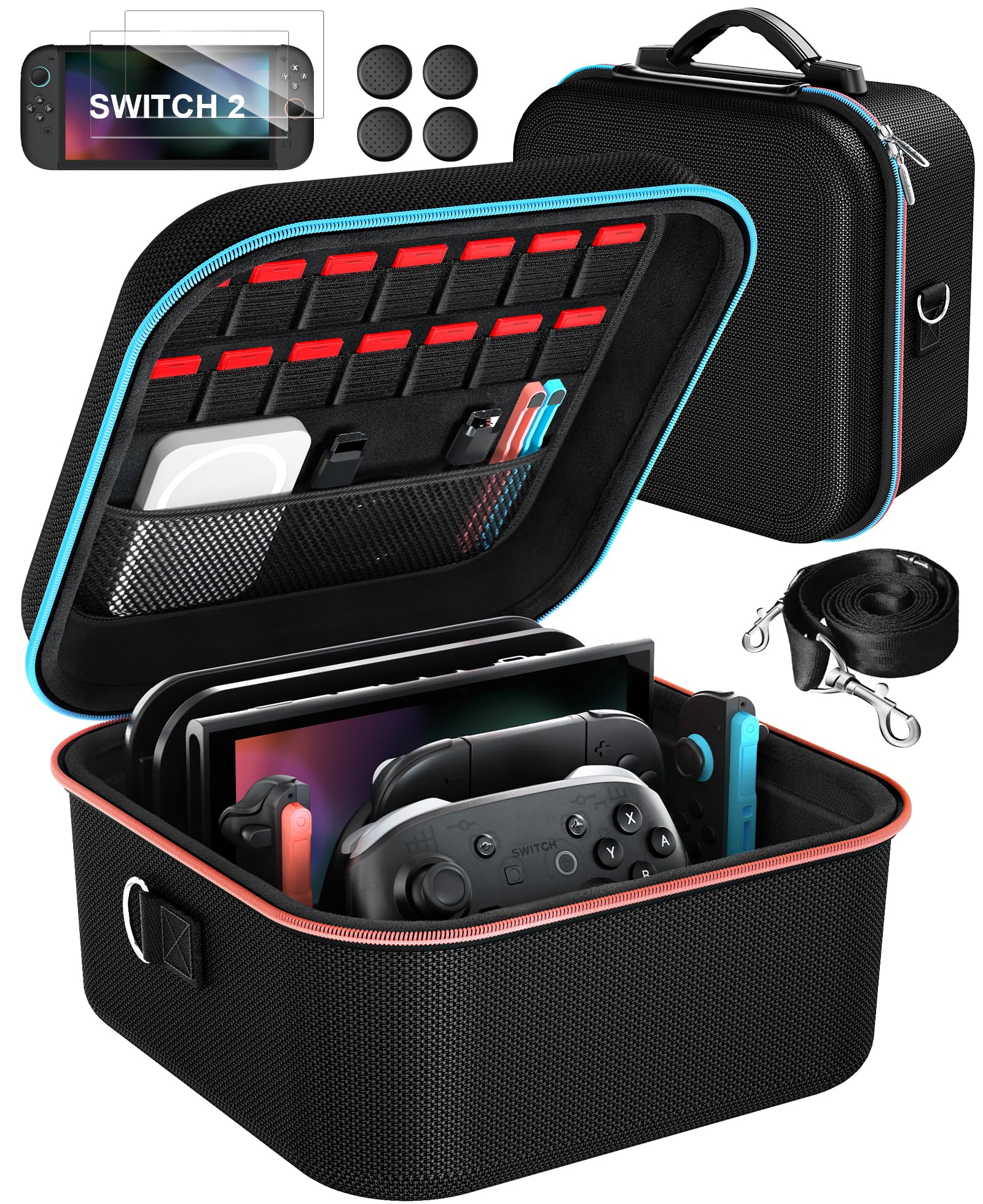 ivoler All-in-One Compact Carrying Case for Nintendo Switch 2(2025) Hard Shell with 2-Pack Screen Protector &2-Set of Thump Grips Hold 14 Game Cartridges & Includes Strap Black