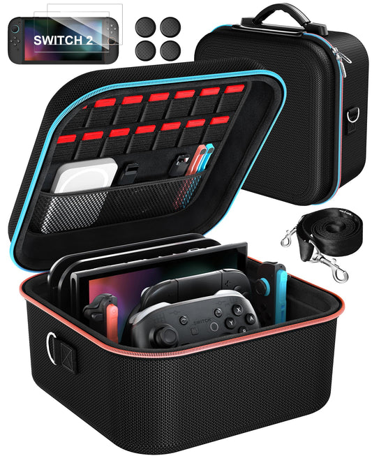 ivoler All-in-One Compact Carrying Case for Nintendo Switch 2(2025) Hard Shell with 2-Pack Screen Protector &2-Set of Thump Grips Hold 14 Game Cartridges & Includes Strap Black