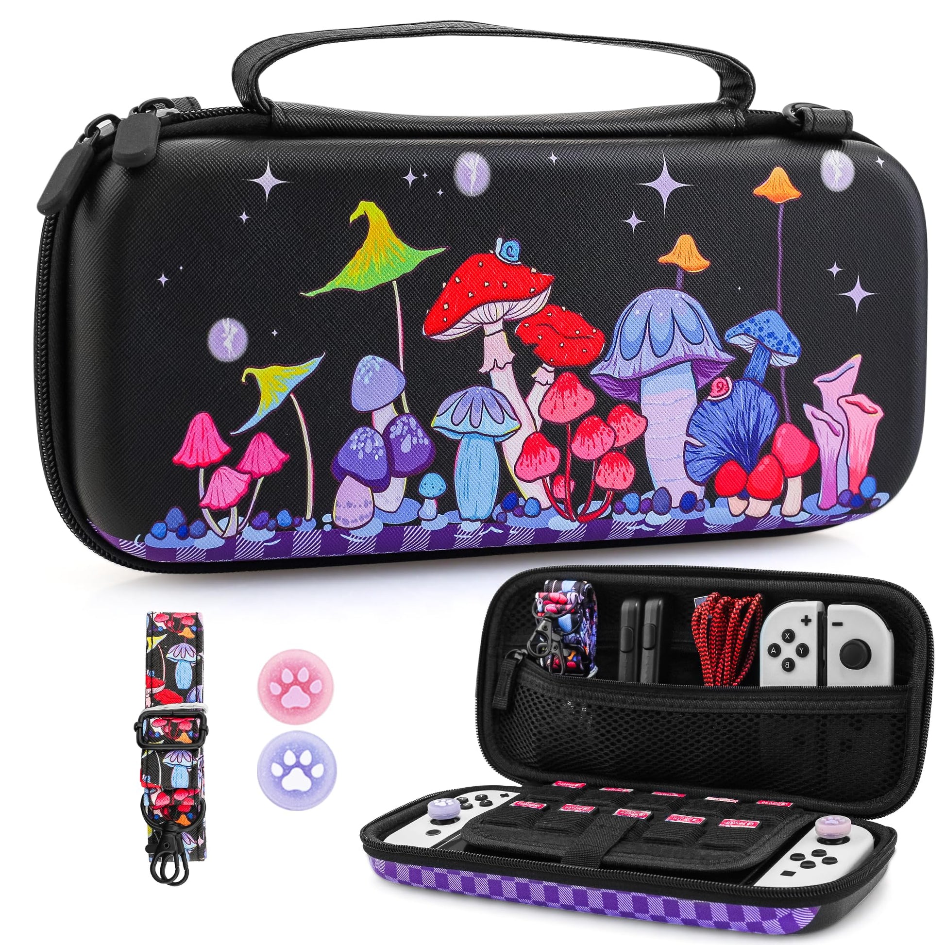 PAWDIARY Mushroom Carrying Case for Nintendo Switch & OLED Console  Black Hard Tpartyl Case Shell Pouch  Cute Girl Boy Storage Carry Bag with Shoulder Strap  Thumb Cap for Nintendo Switch Accessories