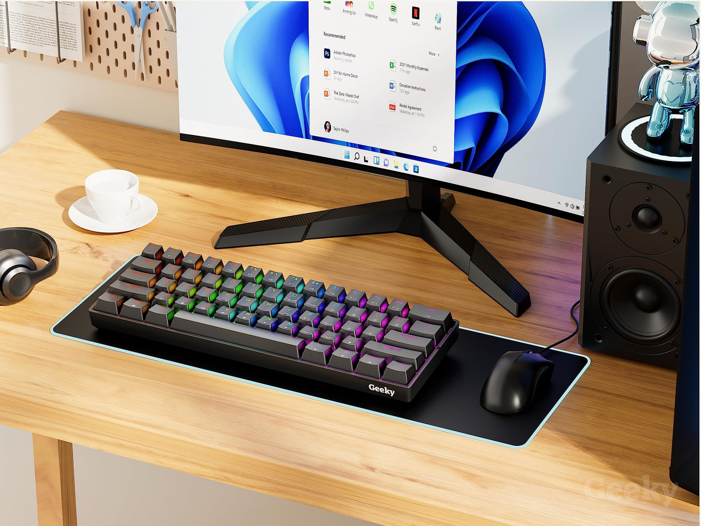 Geeky GK61 60% Hot Swappable Mechanical Gaming Keyboard - 61 Keys Multi-Color RGB LED Backlit, Black, ANSI US Layout, Brown Switch