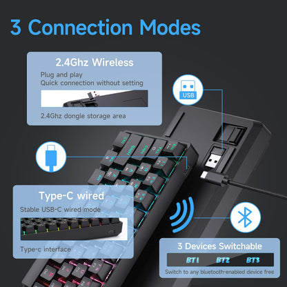 DIERYA DK63 60% Wireless Mechanical Gaming Keyboard - RGB Backlit, Quiet Red Switches, Bluetooth/2.4G/Wired, Black