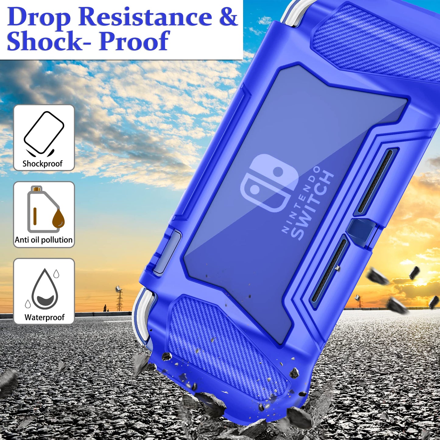 Kailfee Protective Case for Nintendo Switch Lite - TPU Shock-Absorption, Anti-Scratch, with Screen Protector & Thumb Grip Caps, Navy Blue