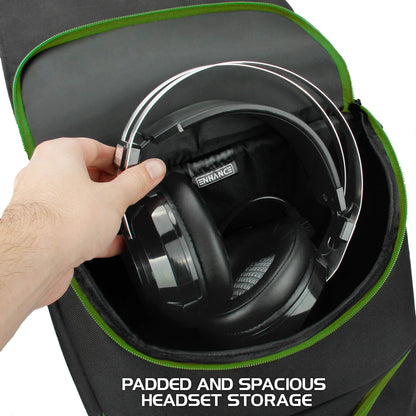 ENHANCE Xbox Backpack - Large Green Carrying Case for Series S, One X, One S - Storage for Controllers, Headset & Games