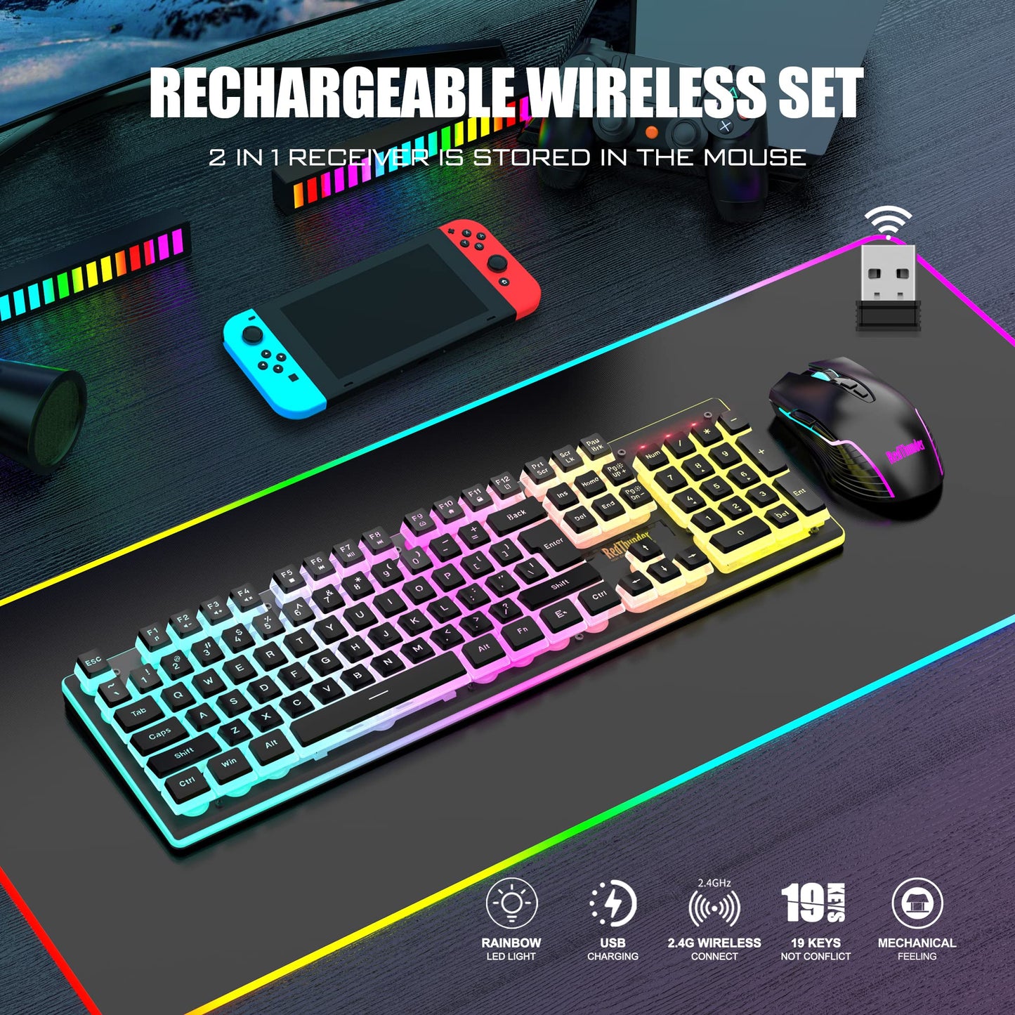 RedThunder K10 Wireless Gaming Keyboard & Mouse Combo, RGB Backlit, 3200DPI, Black Pudding