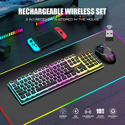 RedThunder K10 Wireless Gaming Keyboard & Mouse Combo, RGB Backlit, 3200DPI, Black Pudding