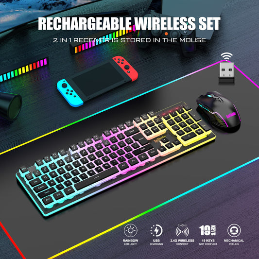 RedThunder K10 Wireless Gaming Keyboard & Mouse Combo, RGB Backlit, 3200DPI, Black Pudding
