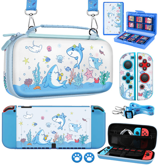Gurgitat 8in1 Kits Accessories Bundle for Nintendo Switch OLED 2021 - Cute Carrying Case  Protective Cover  Joy Con Grips  Thumb Grips  24 Game Holder  Shoulder Strap Teens Boys Girls  Blue Shark