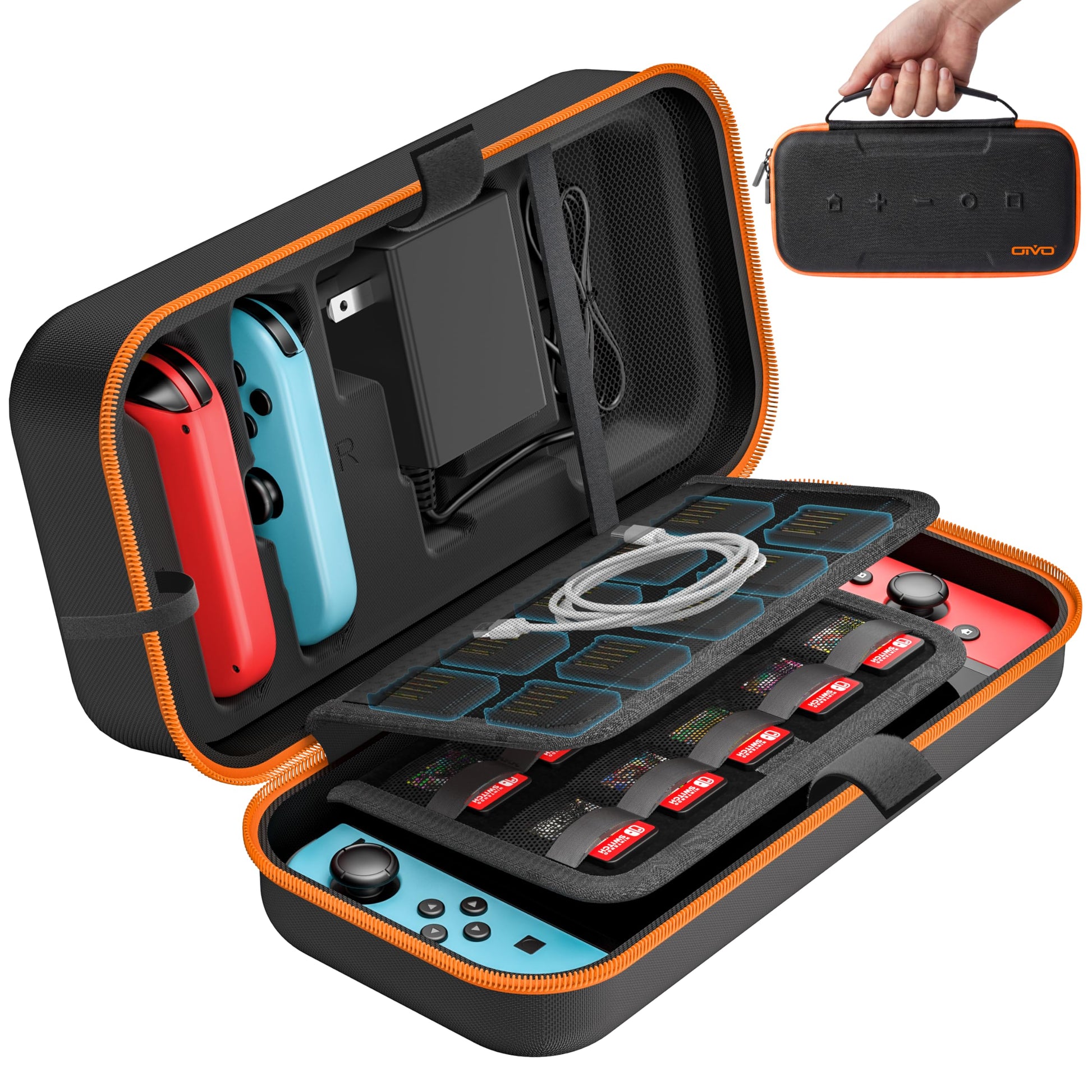 Switch OLED Carrying Case Compatible with Nintendo Switch & OLED  Portable Switch Travel Carry Case Fit for Joy-Con and Adapter  Hard Shell Protective Switch Pouch Bag with 20 Games  Orange