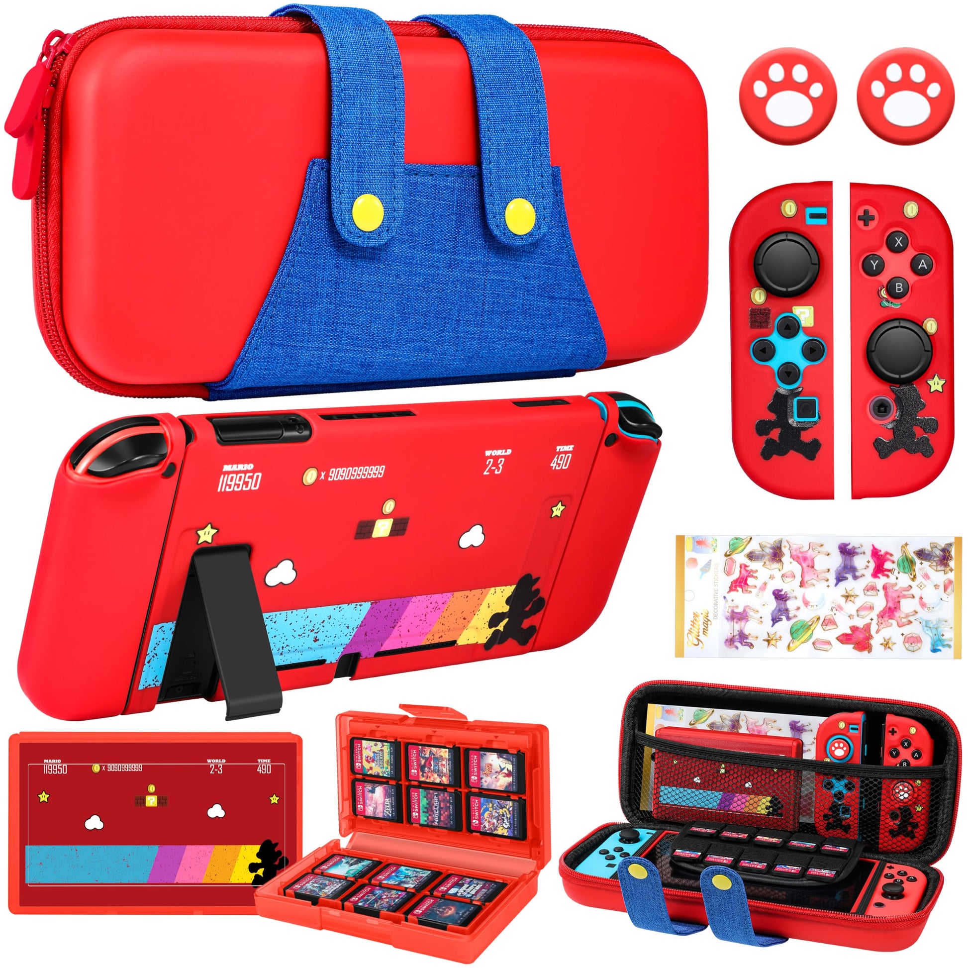 Gurgitat Nintendo Switch 8in1 Carrying Case Bundle Kit, Red Blue Maro, Includes Thumb Grips, Game Card Holder, Dockable Cover Skin