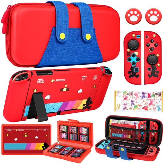 Gurgitat Nintendo Switch 8in1 Carrying Case Bundle Kit, Red Blue Maro, Includes Thumb Grips, Game Card Holder, Dockable Cover Skin