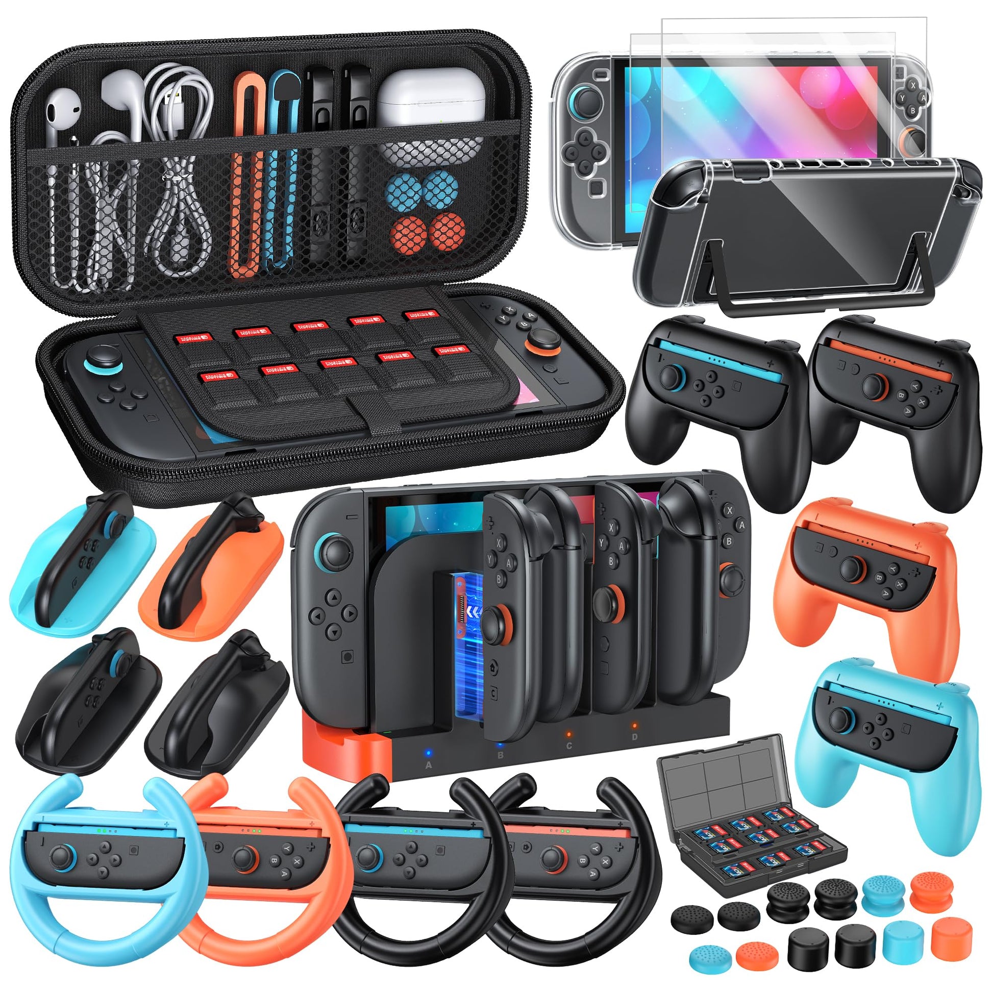 32-in-1 Accessories Bundle for Nintendo Switch 2 Family Games Kit: Carrying Case Charging Dock for Joycon Switch 2 Controller Tempered film Steering Wheels Grips Protective Cover