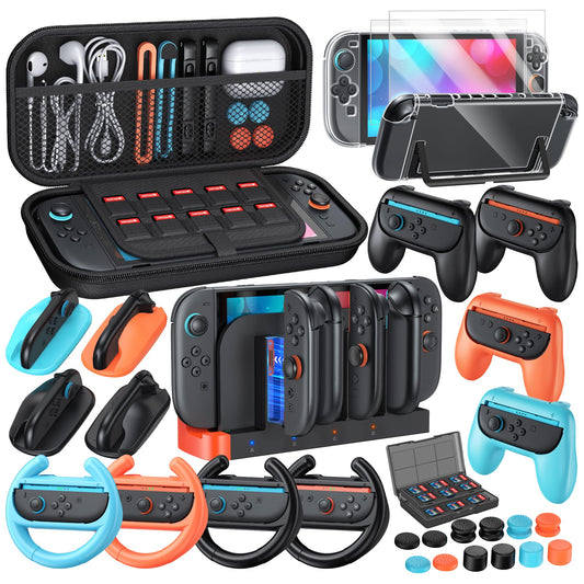 32-in-1 Accessories Bundle for Nintendo Switch 2 Family Games Kit: Carrying Case Charging Dock for Joycon Switch 2 Controller Tempered film Steering Wheels Grips Protective Cover
