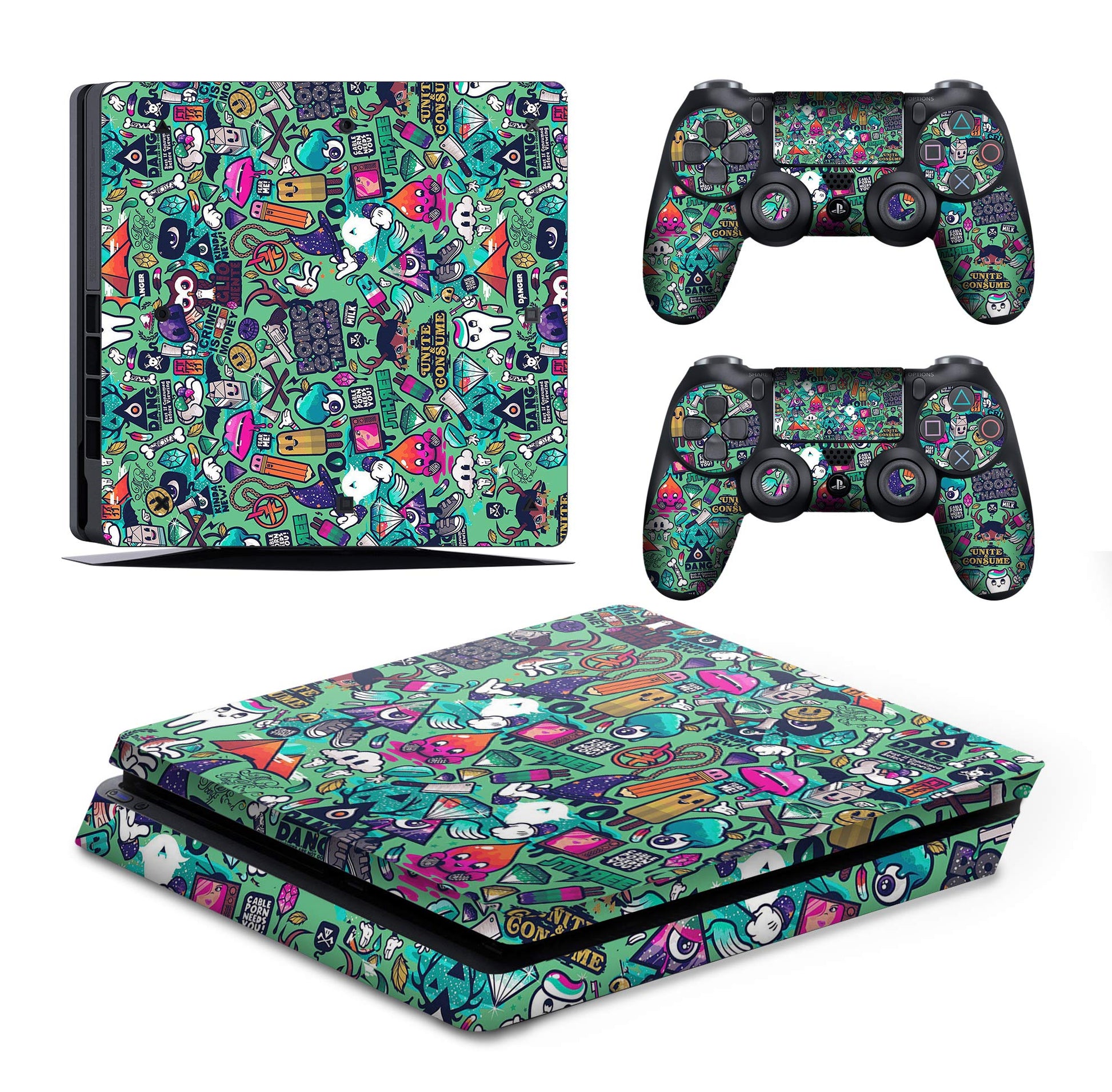 Fox Micro PS4 Slim Console Graffti Music Skin Decal Vinal Sticker & 2 Controller Decal Vinyl Protective Covers Stickers for Play