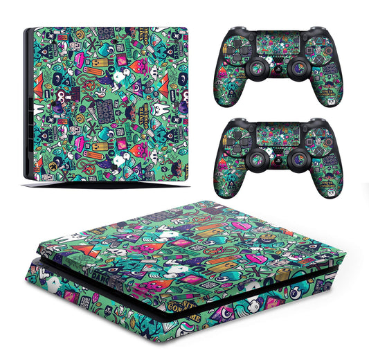 Fox Micro PS4 Slim Console Graffti Music Skin Decal Vinal Sticker & 2 Controller Decal Vinyl Protective Covers Stickers for Play