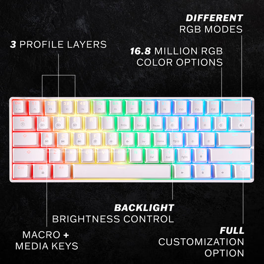HK Gaming GK61 60% Mechanical Keyboard | RGB Rainbow Backlit | Gateron Optical Red Switches | White