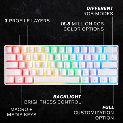HK Gaming GK61s 60% Mechanical Gaming Keyboard, Hotswap Gateron Black Switches, RGB Rainbow LED, White