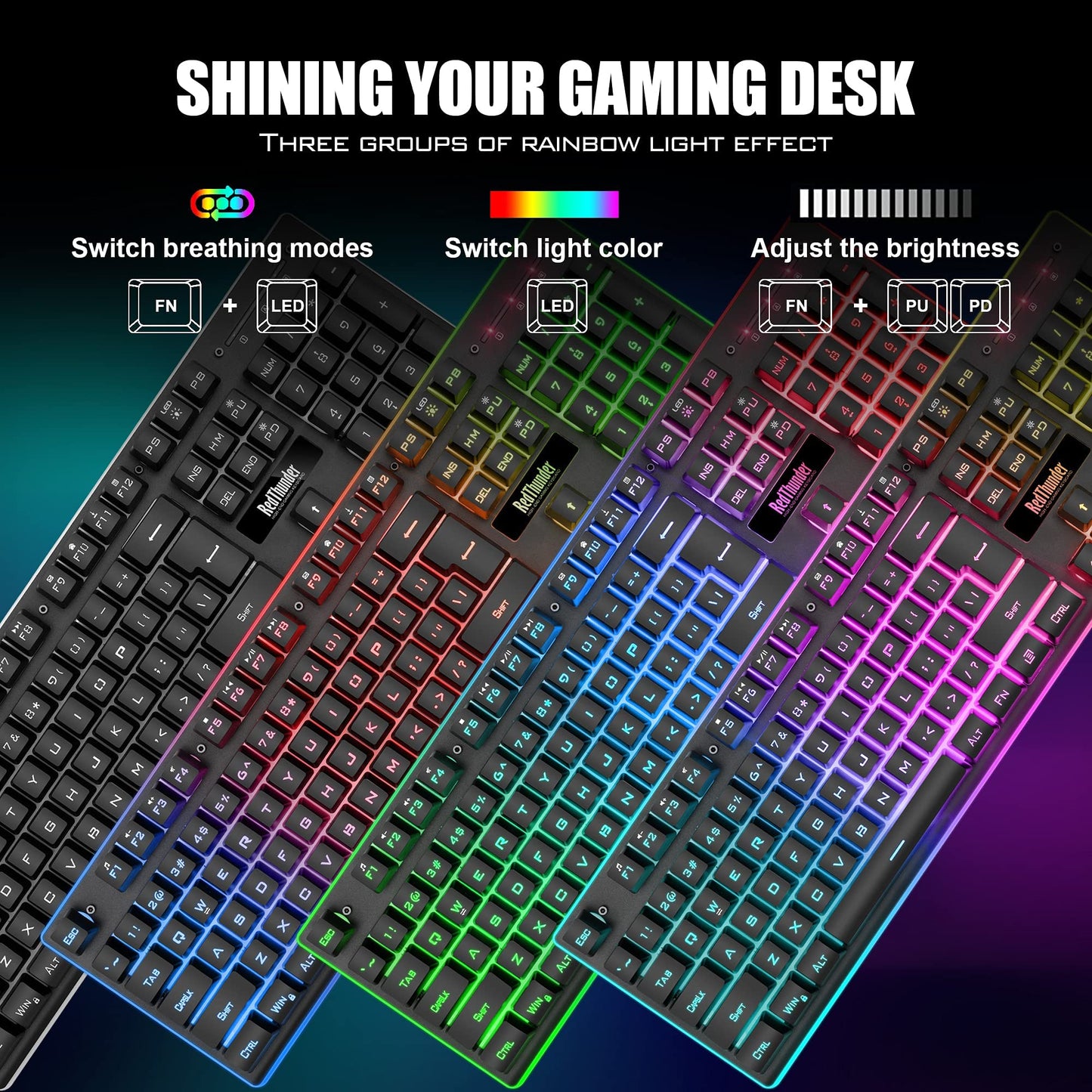 RedThunder K10 Wireless Gaming Keyboard & Mouse Combo, LED Backlit, Rechargeable 3800mAh Battery, Anti-ghosting, Black