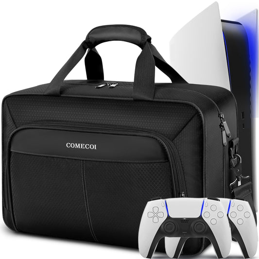 COMECOI PS5 Carrying Case - Large Dark Black Travel Storage Bag for Console, Controllers & Accessories, Model HX0001
