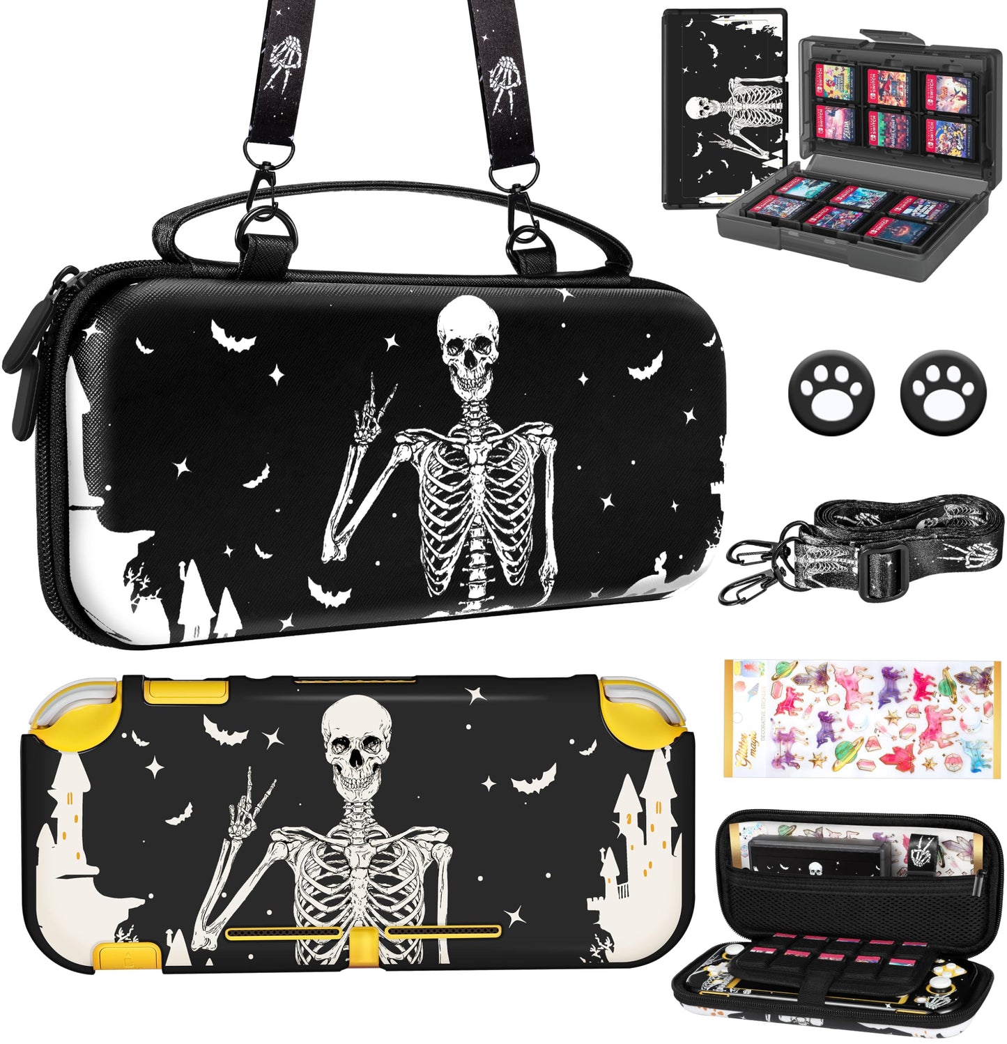Gurgitat 7in1 Skull Switch Lite Case - Hard Protective Cover, Dockable, Includes Thumb Grips & Shoulder Strap, Black Skull Design