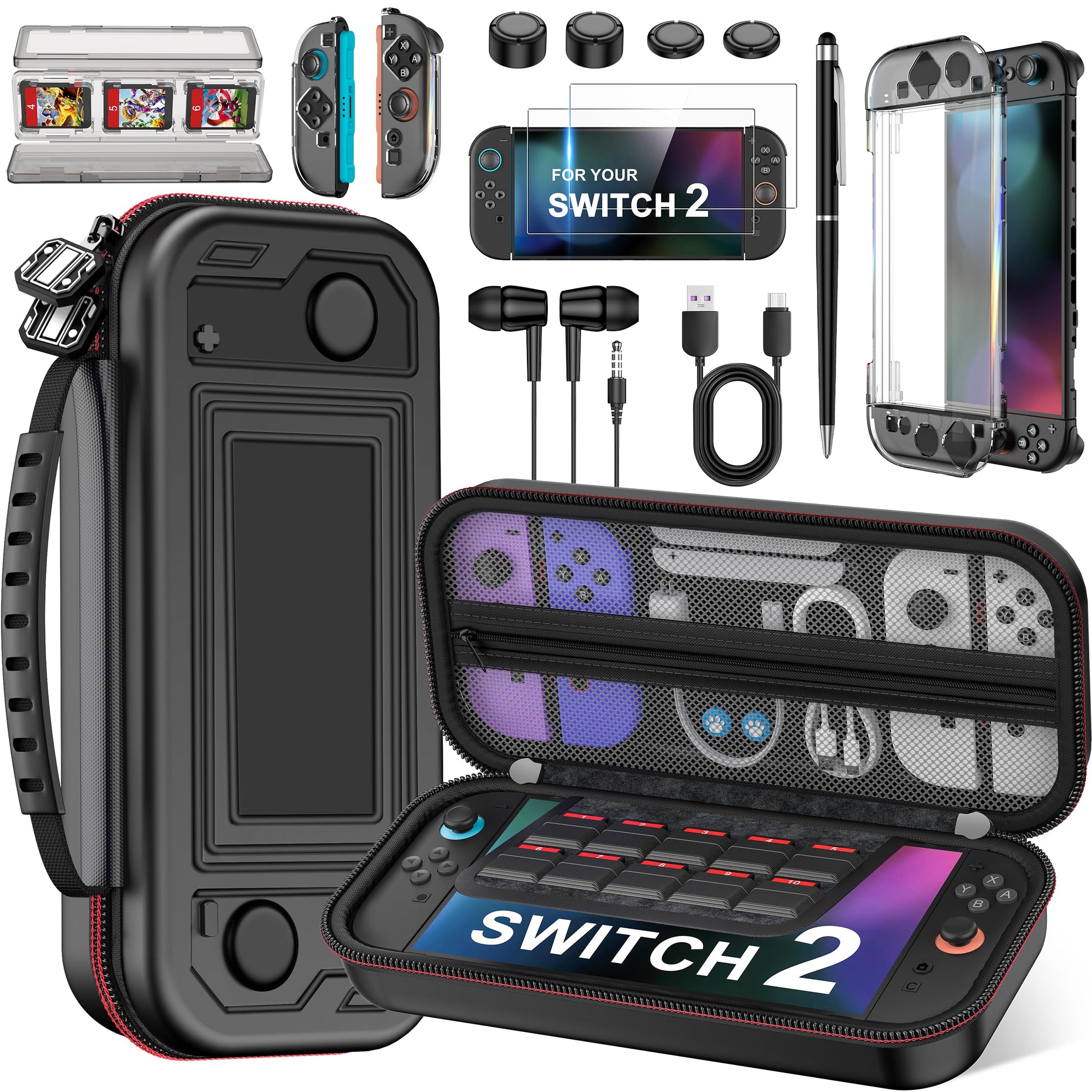 Spican Switch 2 Accessories Bundle 8 in 1  Carry Case for Switch 2/Switch/OLED 3 Protective Cover  2 Screen Protectors  4 Thumb Caps  Earbuds  Stylus  Card Holder  USB Cable