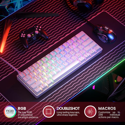 HK GAMING GK61 Mechanical Gaming Keyboard - 61 Keys, Gateron Optical Yellow, RGB LED Backlit, Wired, White for PC/Mac Gamer