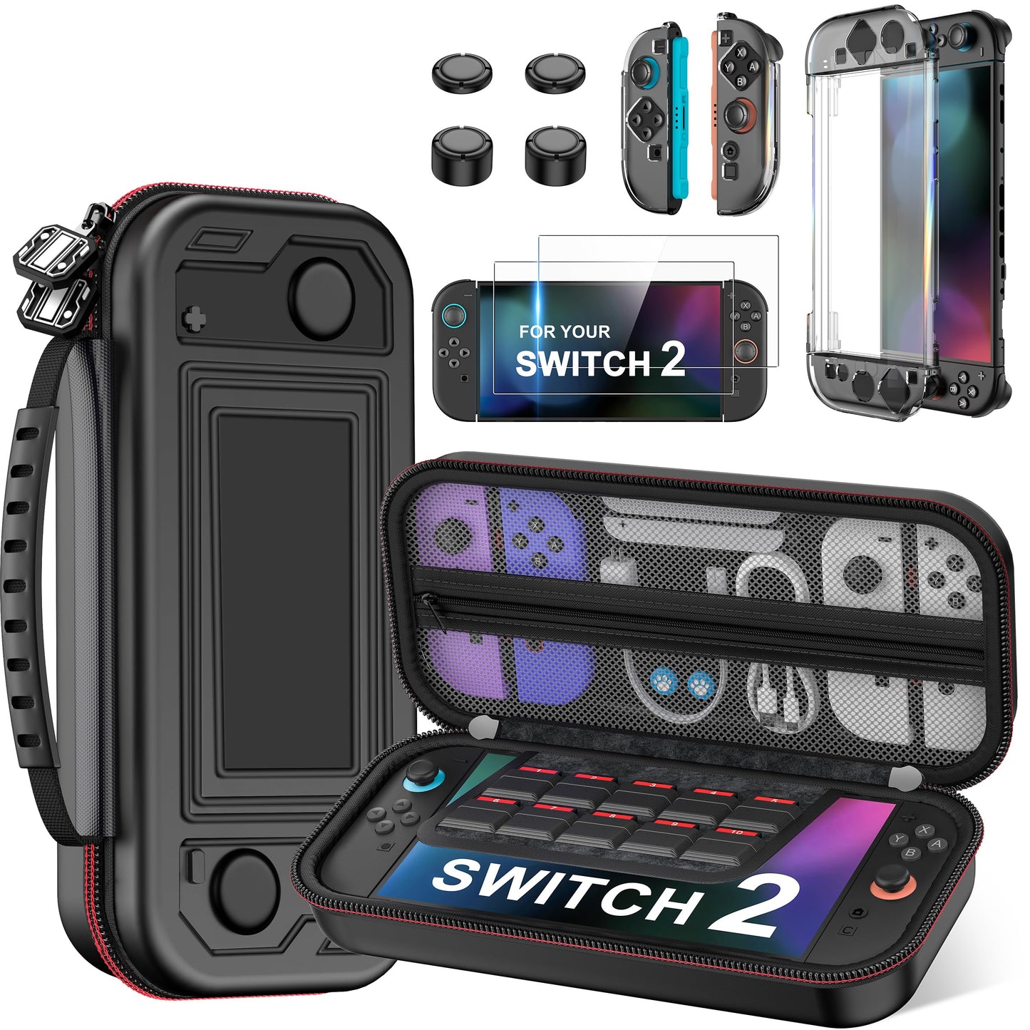 Spican Switch 2 Accessories Bundle 4-in-1  Switch Hard Shell Carrying Case for Switch 2/Switch/OLED  Magnetic Cover for Split-Controller/4XThumb Grips/2XScreen Protectors
