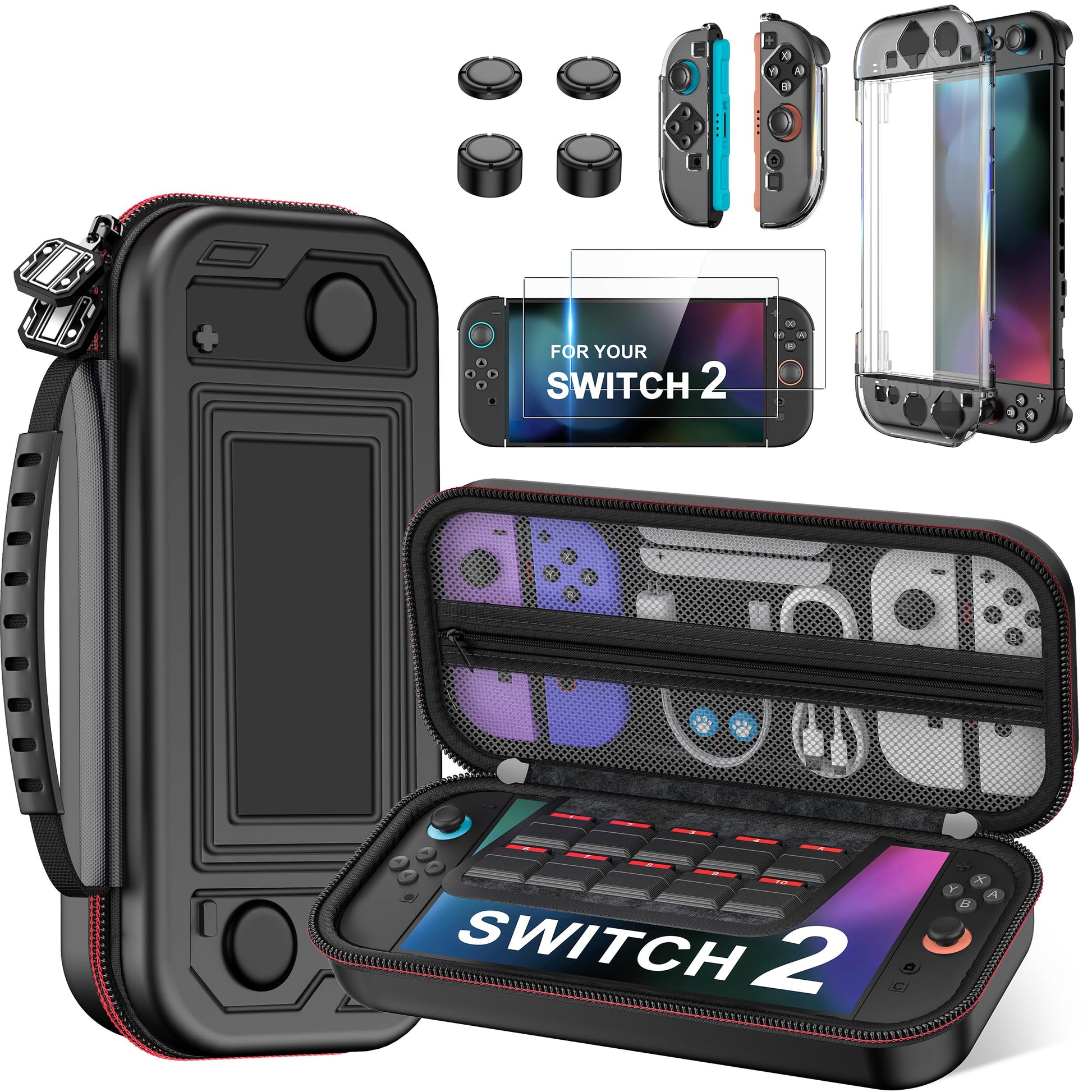 Spican Switch 2 Accessories Bundle 4-in-1  Switch Hard Shell Carrying Case for Switch 2/Switch/OLED  Magnetic Cover for Split-Controller/4XThumb Grips/2XScreen Protectors