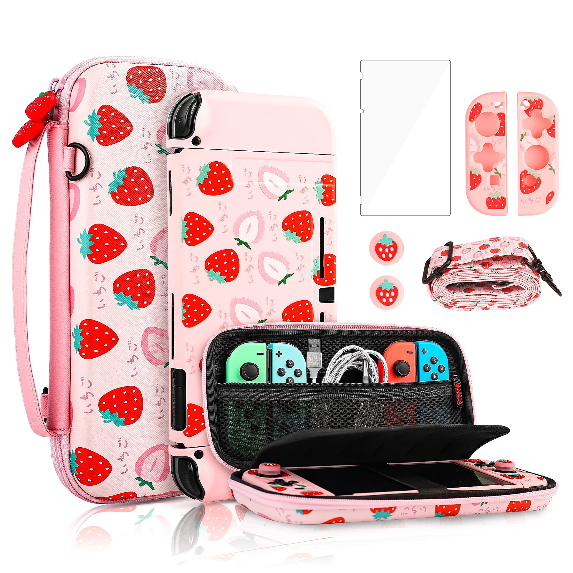 FANPL Pink Carry Case Bundle for Nintendo Switch  Cute Case Accessories Set for Switch with Hard Travel Case  Soft TPU cover  Adjustable Strap  Screen Protector  Thumb Grip Caps (Cute Pink Strawberry)